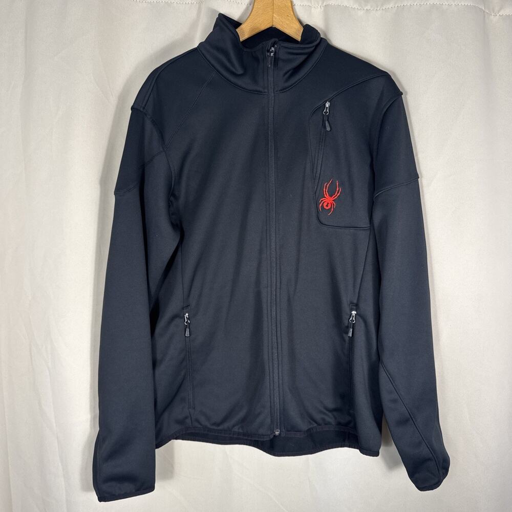 Spyder Men Large Black Full Zip Fleece Lined Jacket Red Logo Outdoor Performance